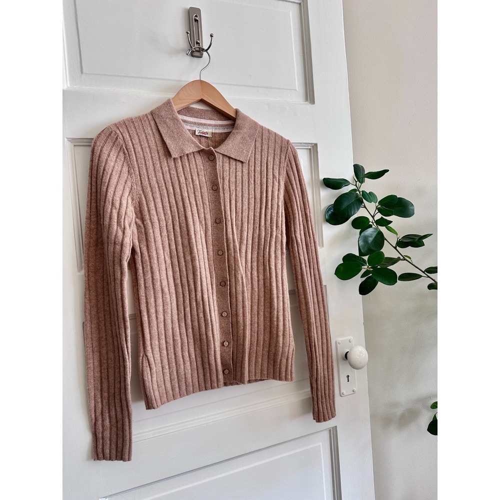 Faherty 100% Cashmere Ribbed Polo Cardigan Sweater Almond Tan Small